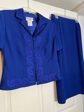 Petite Royal Blue Embroidered Skirt Suit